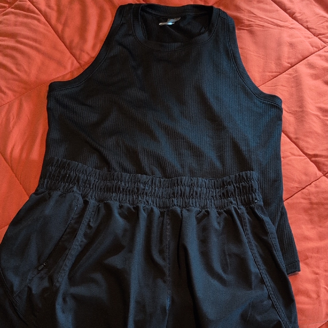 Black Ribbed Tank And Black Drawstring Pants Set